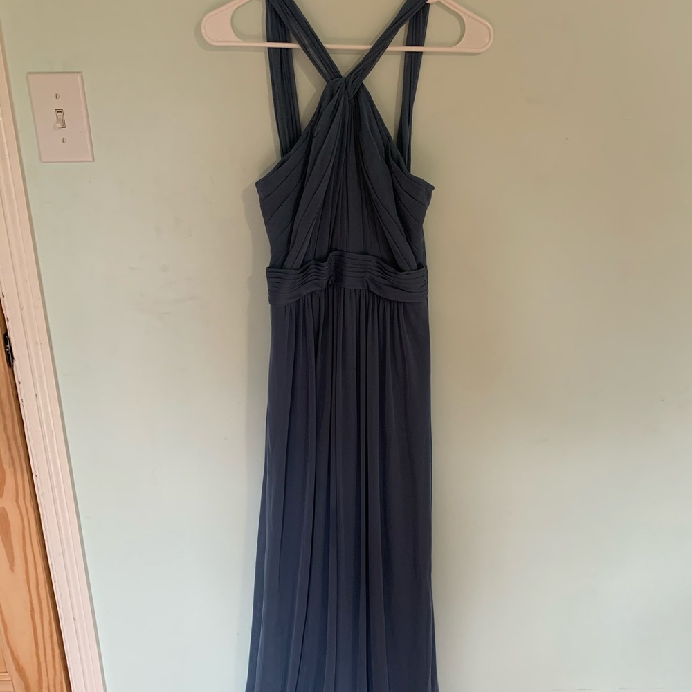 long flowy blue bridesmaids dress